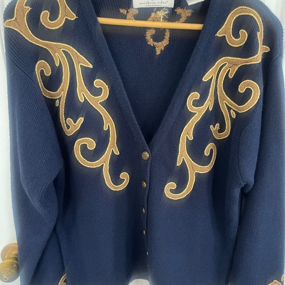 VTG  Portraits By Northern Isles Large  Embroidered Holiday Wool Blend Navy - Picture 2 of 7